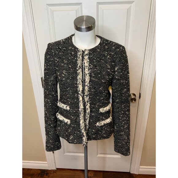 Nanette Lepore Black & White Tweed Jacket W/ Fringe Trim, Size 8 - Picture 1 of 5